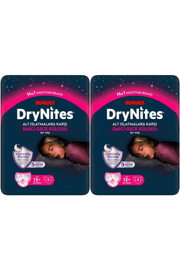 DryNites Emici Gece Külodu/Külot Bez Kız 13+ Yaş (48-60KG) X Large 18 Adet (2PK*9)