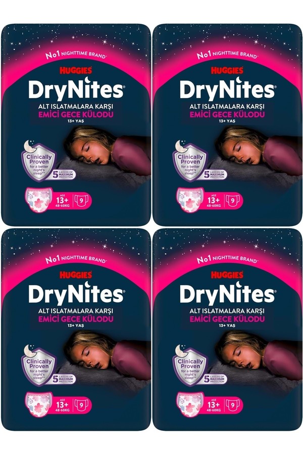 DryNites Emici Gece Külodu/Külot Bez Kız 13+ Yaş (48-60KG) X Large 36 Adet (4PK*9)