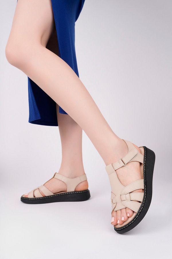 Deripabuc-Beige Women's Leather Sandals - Genuine Leather Dc-1429 1