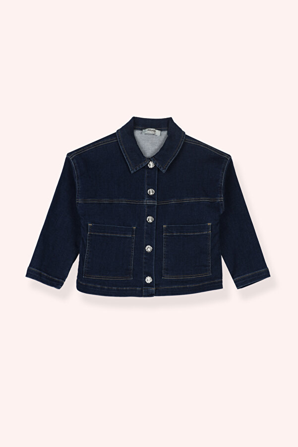 Panço Kız Bebek Dikiş Detaylı Cepli Lacivert Kot Ceket