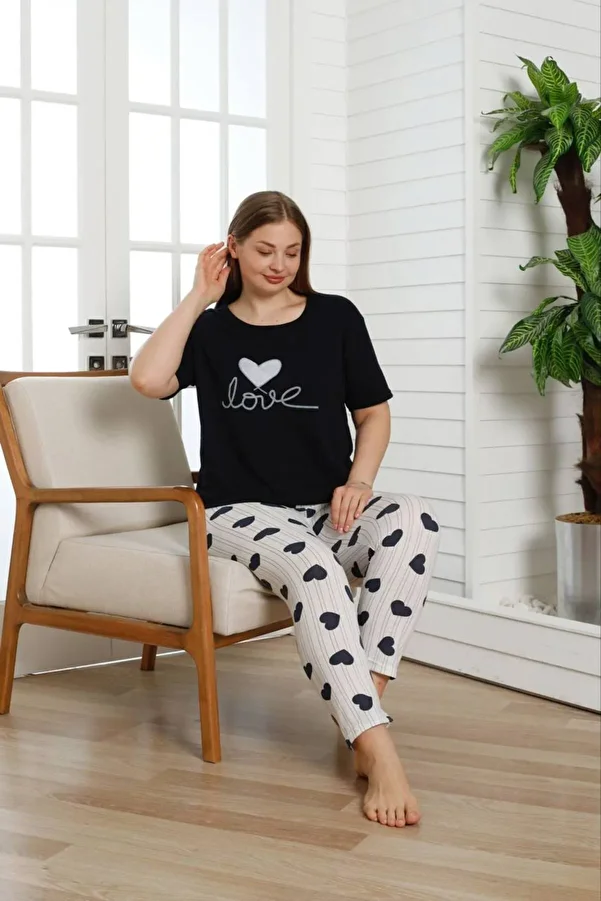 shopshop-Women's Navy Blue Oversize Large Size Heart Patterned Short Sleeve Thin Summer Pajama Set 1