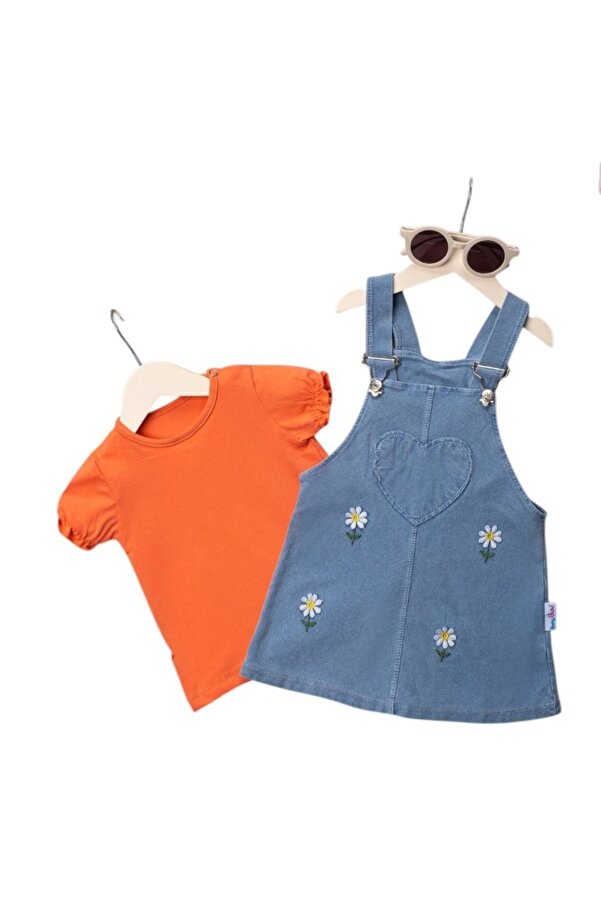 GENGHİS Kız Çocuk Bebek Papatyalı Jile Kot Elbise Askılı 2li Takım