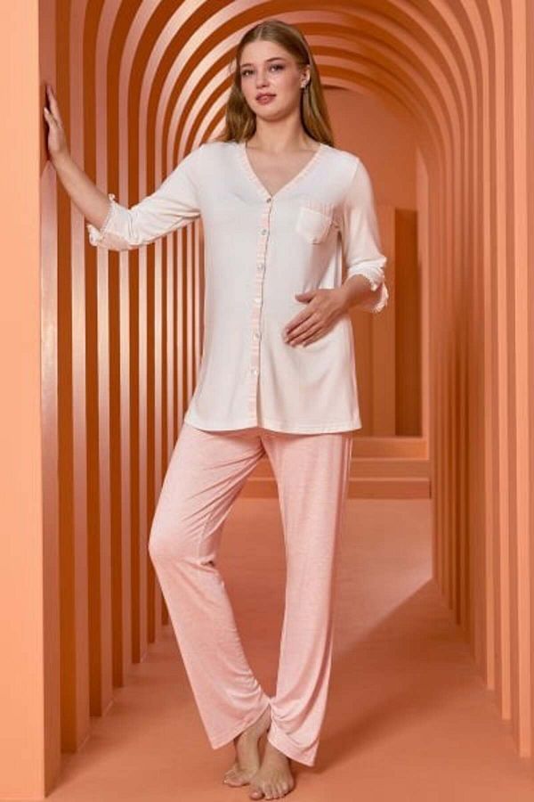 Cossy By Aqua-25146 Women's Cream-Pink Elbow Sleeve Front Buttoned Maternity Pajama Set 1