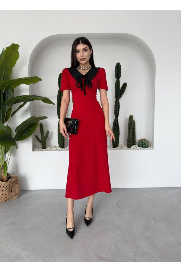 ETİKAFASHION-Short Sleeve Dress with Shirt Collar and Ribbon Detail 1