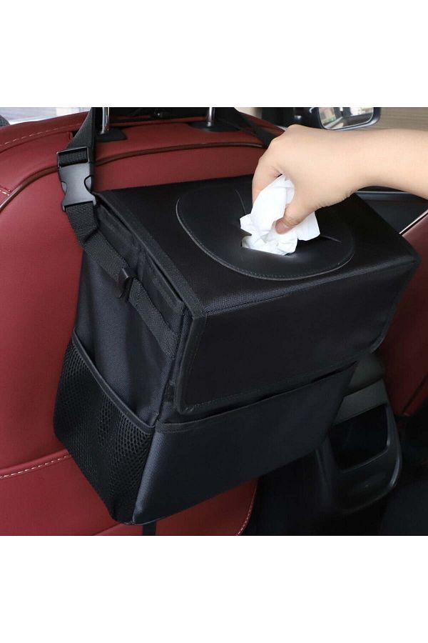 COOYA-6.5L Portable Hanging Car Trash Can, With 3 Mesh Pockets, Waterproof, Bin, for Vehicle Tidy 1