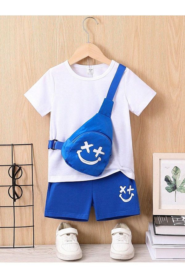 CLAYES-Cotton Kids Set - Smiling Face Printed, Saks Blue Shorts and White T-shirt - Crew Neck 1