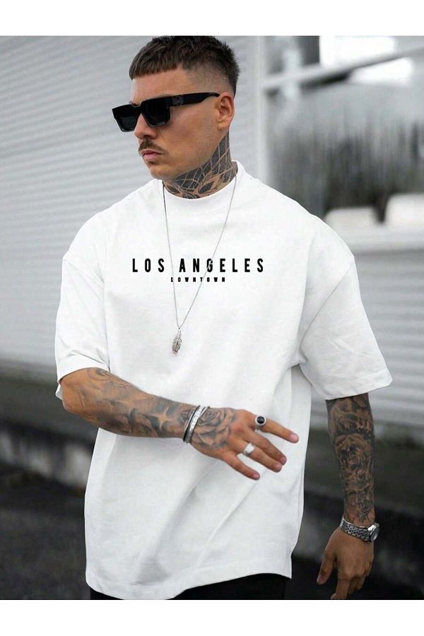 DUBU BUTİK-Tričko Los Angeles Downtown Single Jersey - Bílé oversize Tričko s krátkým rukávem Crew Neck Neck 1