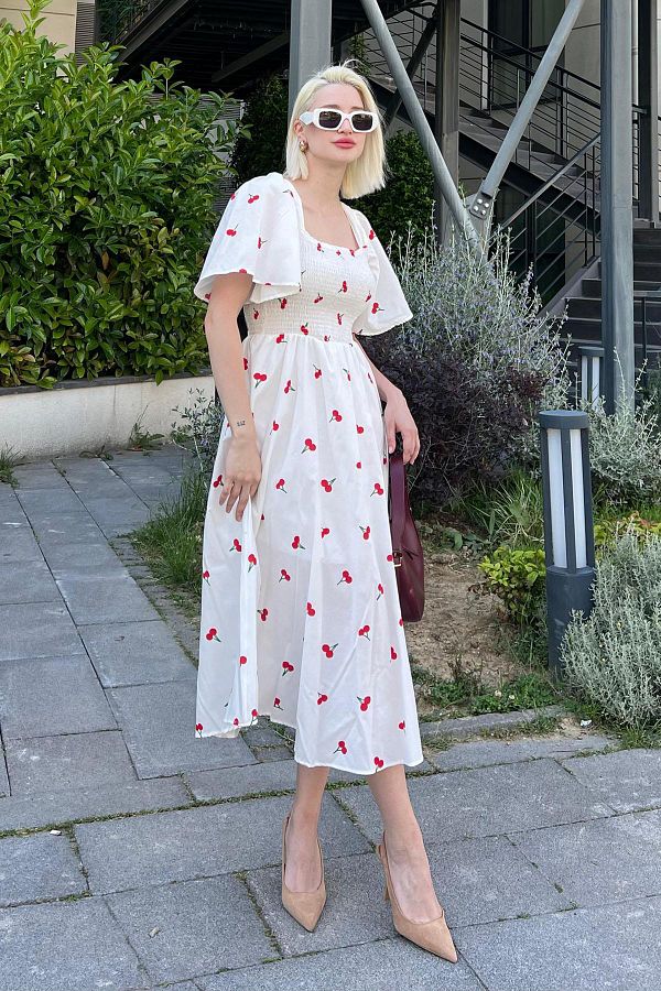 Madmext-White Patterned Midi Dress with Elastic Waist - Mg2101 1