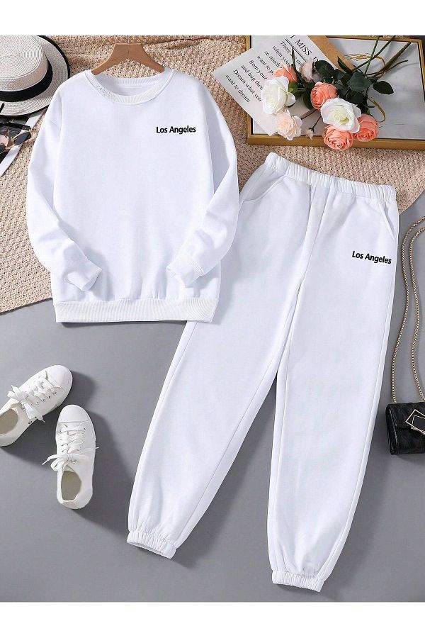 VBSVİBES-White CREW COLLAR COMBINATION Bottom Top Tracksuit Set LOS ANGLES 1