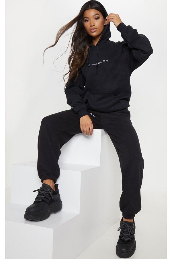 CLAYES-Pretty Trening Set Hanorac Jogger - Negru Imprimat Oversize Glugă elastică 1