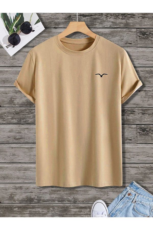 DUBU BUTİK-Μίνιμαλ μπλουζάκι με λογότυπο Bird - Mink Oversize Printed Crew Neck 1