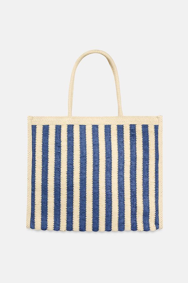 Dagi-Ecru-Navy Blue Women's Stripe Patterned Straw Beach Bag 1