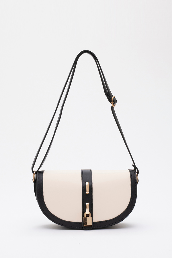 Shaka Siyah-Krem Shk92 Kilit Detaylı Suni Deri Tek Bölmeli Çıtçıtlı El, Kol ve Omuz Çantası