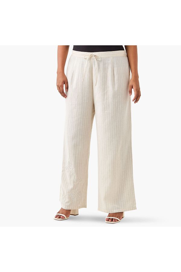 Ulla Popken-Plus Size Ulla Popken Textured Wide Leg Pants with Drawstring Closure 1