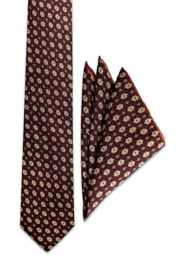 Bursa İpek-Brown Patterned Silk Tie Set 1