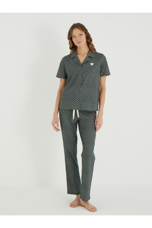 İPEKTENİM-Polka Dot Patterned Back Printed Buttoned Couple Pajama Set 1