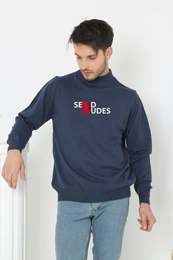 pilelistore Yarım Boğazlı Baskılı Dokuma Triko - Indigo
