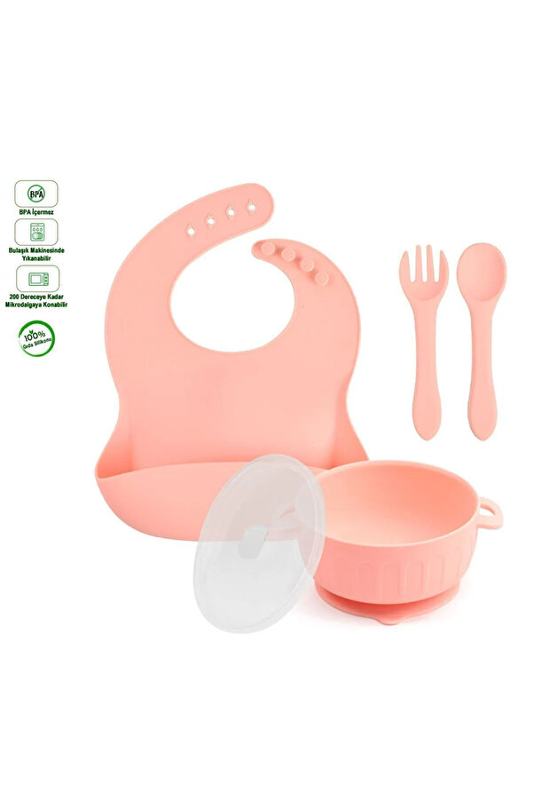GÜLÜMSE BEBEK Silikon Beslenme Seti, Vakumlu Kapaklı Mama Kasesi, Silikon Önlük, Silikon Kaşık Ve Çatal / Pembe