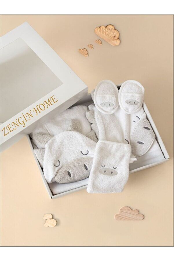 zenginhome %100 Pamuk Kutulu Hediye Yenidoğan/bebek Bornoz Seti 4 Parça / Inek