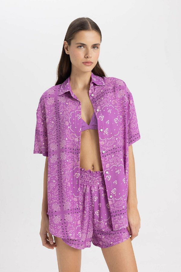 DeFacto-Regular Fit Patterned Viscose Beach Shirt-Fall in Love C3157Ax24Sm 1