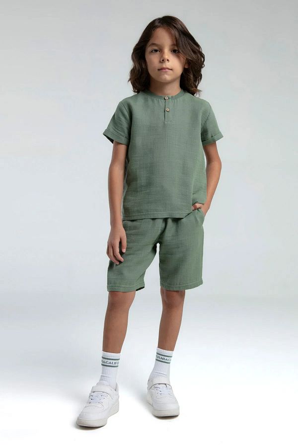 Rolypoly-Boy 2-8 Years Old Green Muslin Shorts Suit with 2 Pieces 1