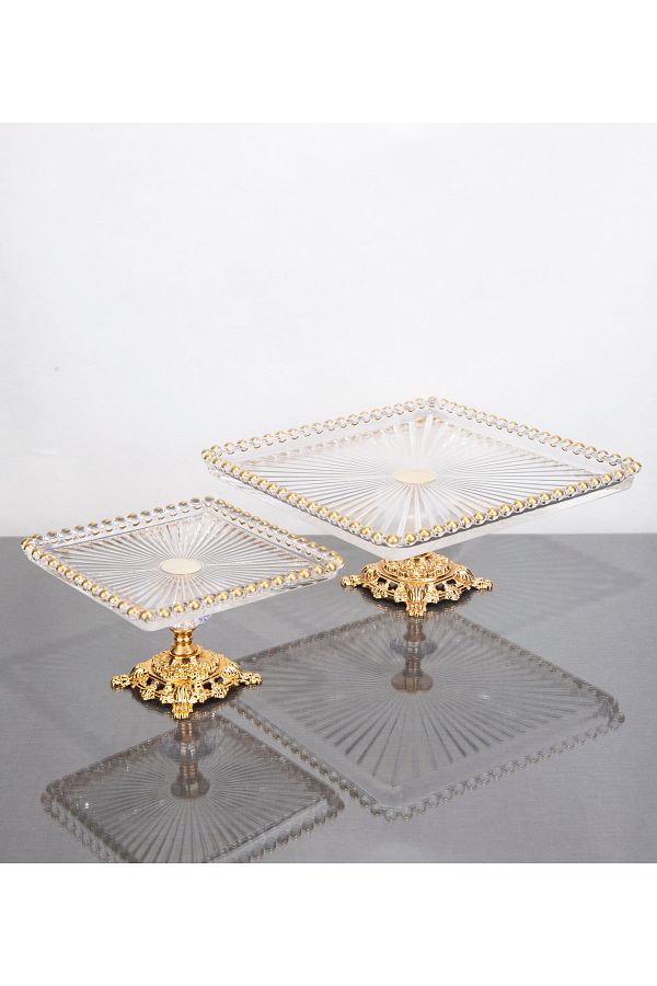 ARGKRİSTAL-Gold Service Presentation Plates 17X17 Small 26X26 Large Vertical Line Design 1