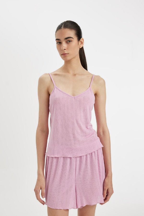 DeFacto-Brazier Pajamas - Cotton Top with Straps and Shorts with Flexible Waist Pajama Bottoms. 1