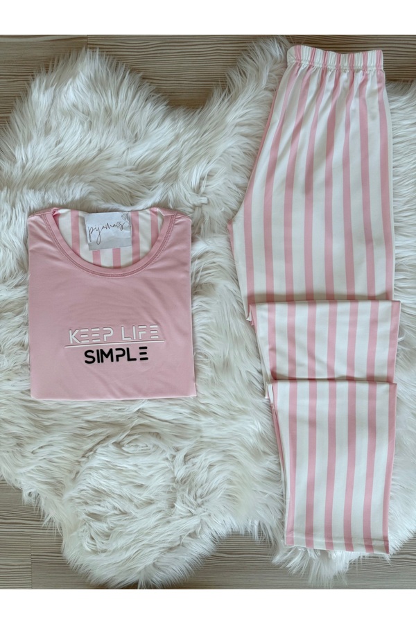 Pijamacs-Pink Striped Patterned Short Sleeve Knitted Pajama Set 1