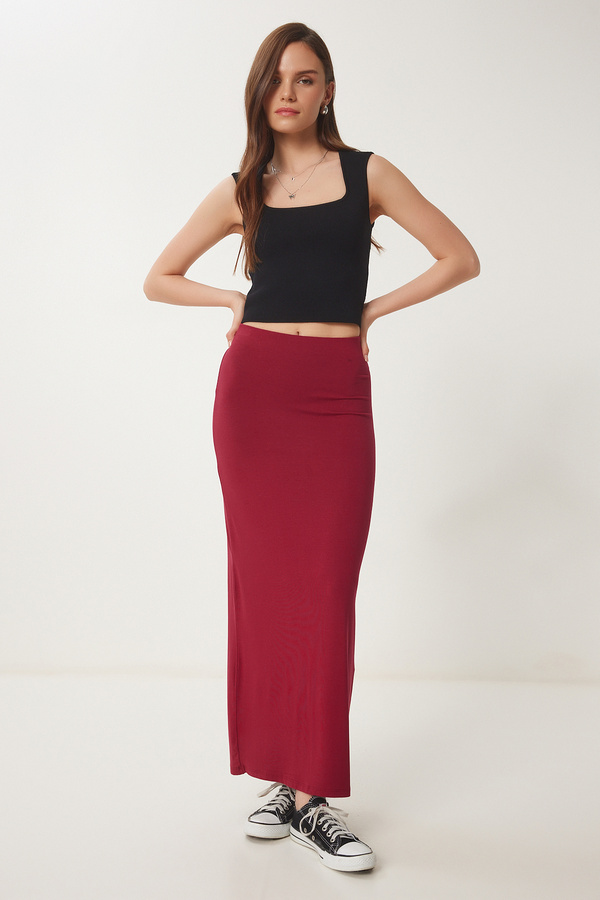 Happiness İstanbul Women's Burgundy Slit Midi Knitted Skirt