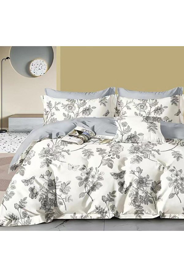 Pucioasa-Double percale bed linen, 100% cotton, gray flowers and butterflies 1