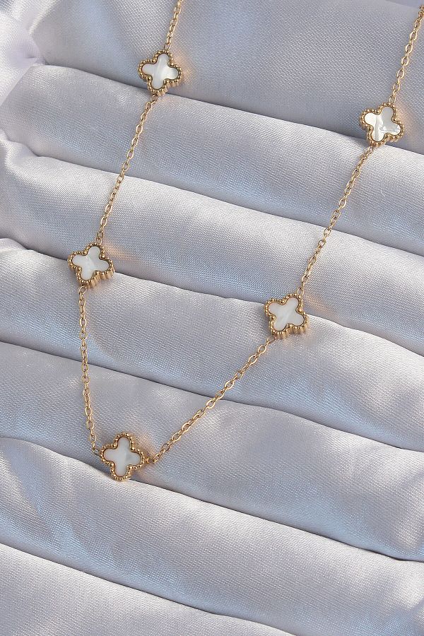 ZUHUDİ-316L Steel Gold Color Minimal White Pearlescent Clover Necklace 1
