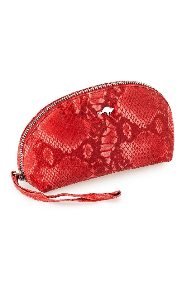 Deriderim-Red Zippered Portable Mirrored Python Print Genuine Leather Handbag 1