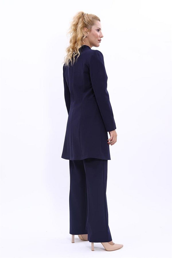 ÖNDER ÖZSOY-Plus Size - Long Collarless Jacket & Wide Leg Pants Set-Navy Blue 1