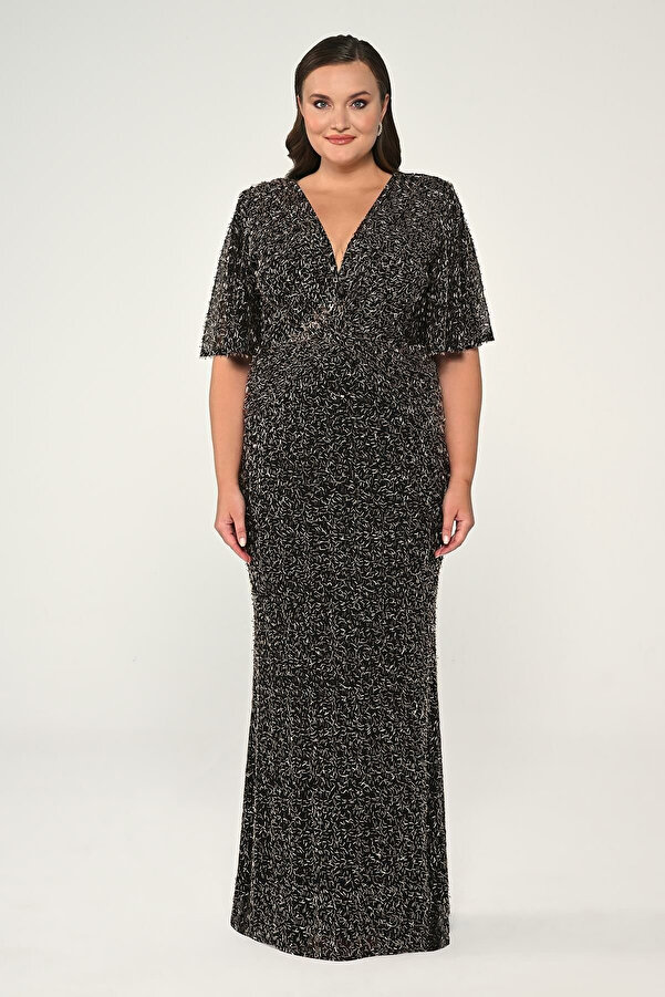 ALFABETA-V-Neck, Short Sleeve, Beaded Fabric Dress - Alpha Beta 1