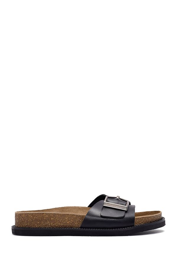Derimod-Women's Black Buckle Leather Slippers 25Sfd 306318 1