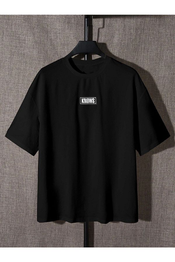 VBSVİBES-Unisex černé oversized Knows tištěné pletené tričko 1