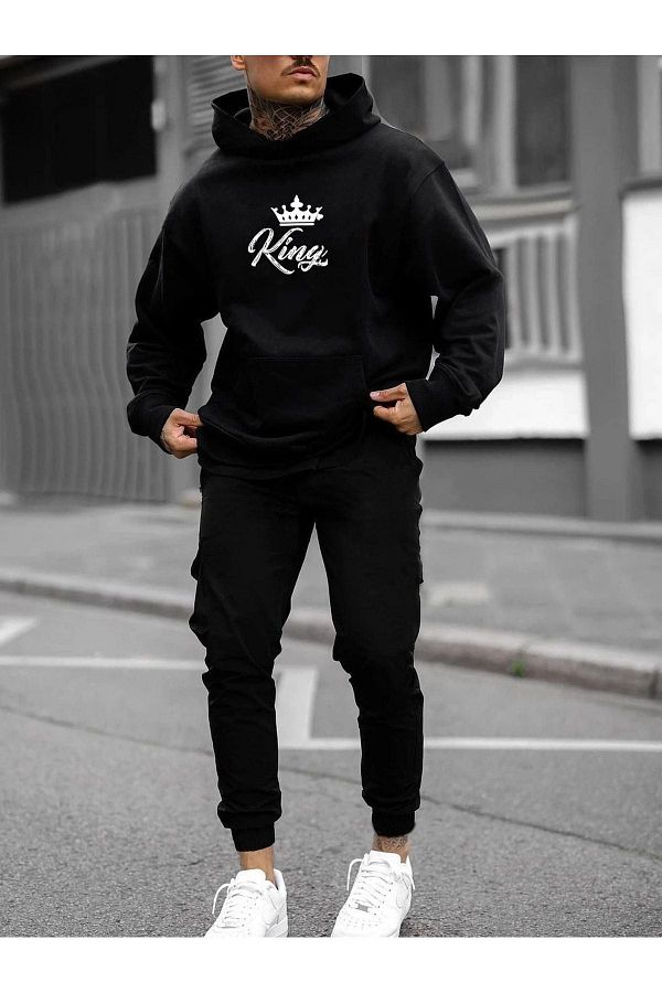 DUBU BUTİK-Set trening King Hanorac Jogger - Hanocă supradimensionată neagră cu imprimeu 1
