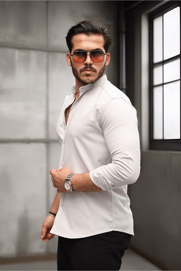 Valiberta-Hakim Collar Oxford Fabric Long Sleeve Shirt - Stone 1