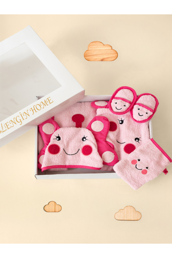 zenginhome %100 Pamuk Kutulu Hediye Yenidoğan/bebek Bornoz Seti 4 Parça / Kelebek