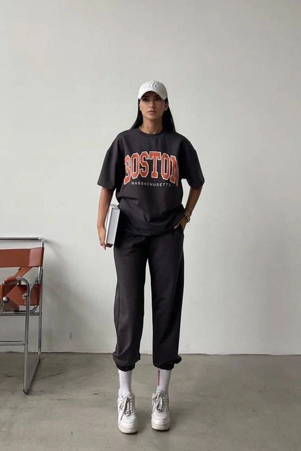 DUBU BUTİK-Boston T-shirt Sweatpants Jogger - Smoked Printed Bottom Top Σετ φόρμας Oversize Crew Neck 1