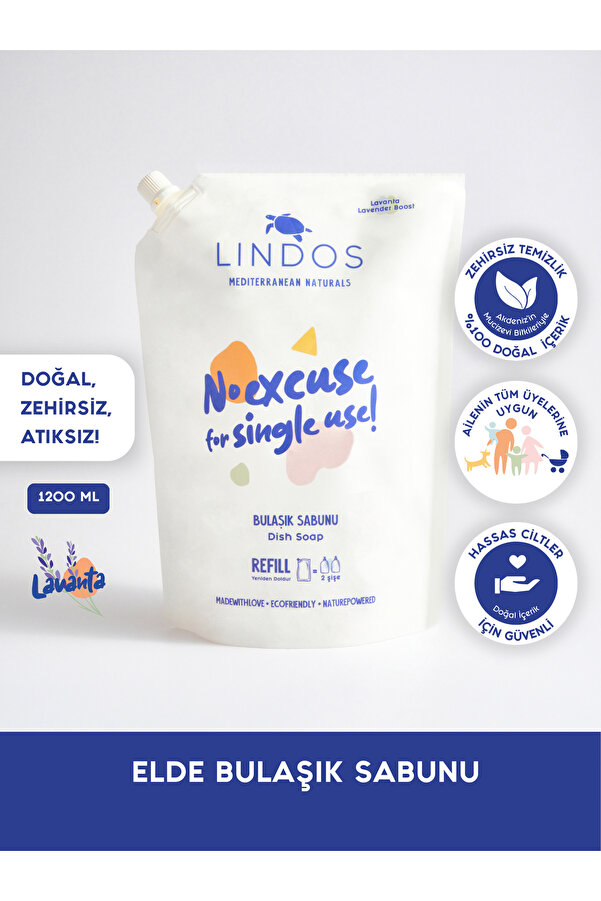 Lindos Doğal Elde Bulaşık Deterjanı %100 Bitkisel Güçlü Lavanta Yağlı 1200 ml