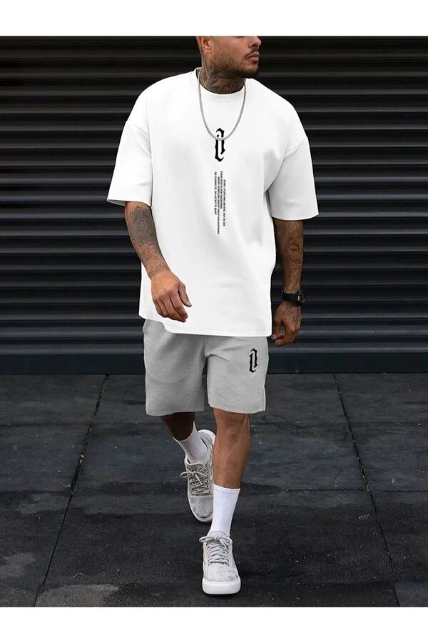 DUBU BUTİK-Vertical T-shirt Shorts - White Grey Bottom Top Combination Shorts Set T-shirt Printed Oversize Crew Neck 1