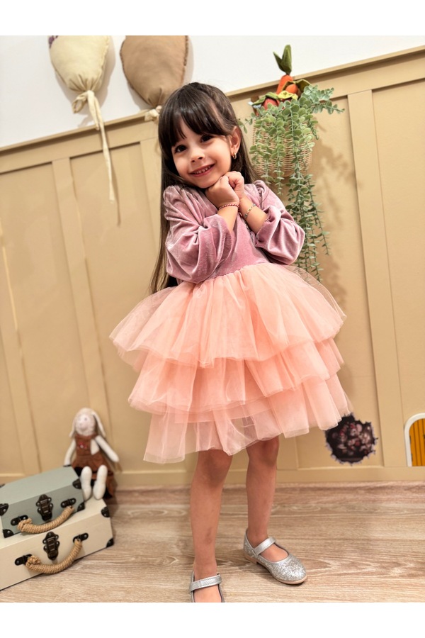 penu baby kids Pudra Kat Etekli Kadife Uzun Kol Kız Çocuk Kız Bebek Elbise