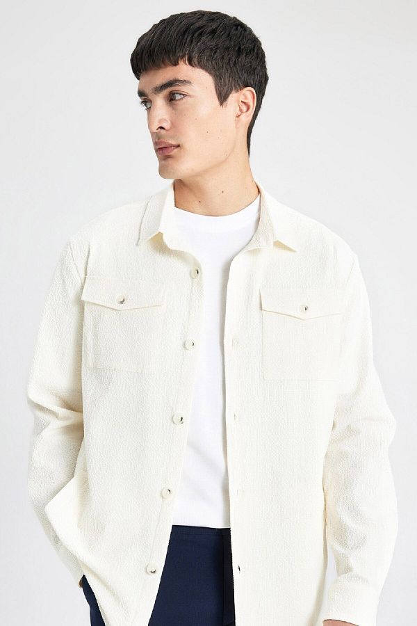 DeFacto-Normál Fit Polo gallérral Seersucker texturált ingkabát B6682AX24SP 1