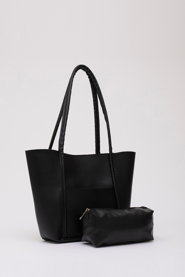 Shaka Siyah Shk80 Önü Cepli Çıtçıtlı Makyaj Çantalı Suni Deri Büyük Boy Kol ve Omuz Çantası