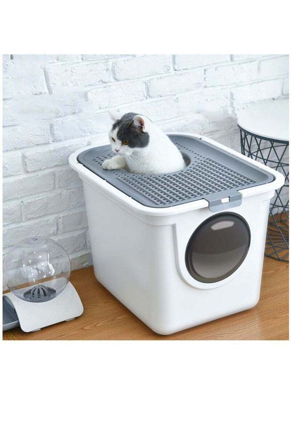 COOYA-Enclosed cat litter box with scoop, two-way entrance and exit, easy to clean, splash-proof, gray 1