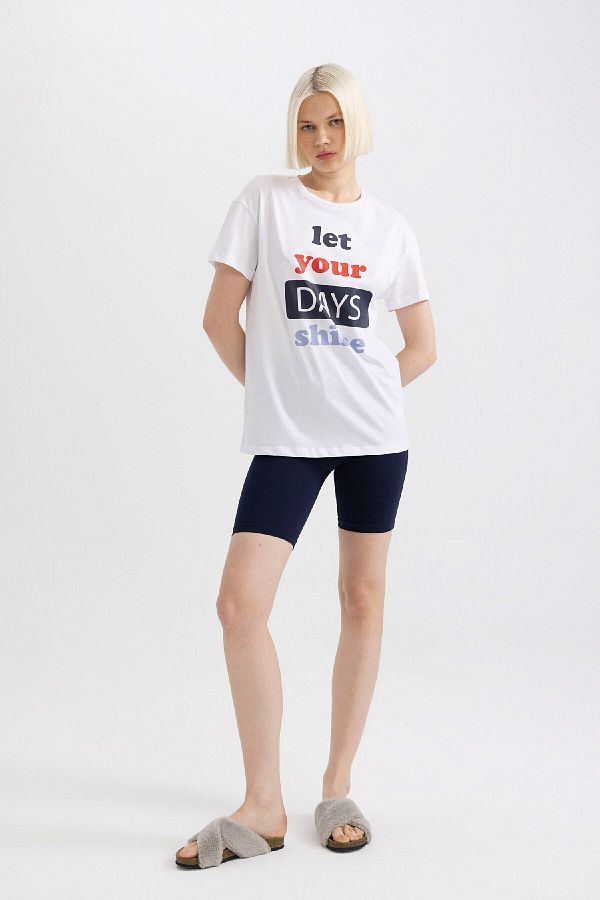 DeFacto-Pajama Set for Fall in Love - Short Sleeve, Elastic Waist Shorts Bottom, Printed C1738Ax24Sm 1