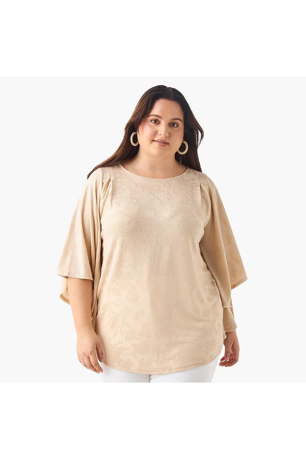 Ulla Popken-Plus Size Ulla Popken Textured Top with Round Neck and 3/4 Sleeves 1