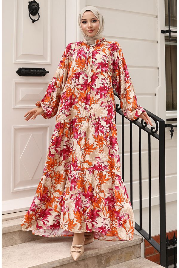 sefamerve-Alaçatı Pattern Buttoned Dress 2021-05 Fuchsia Tile 1