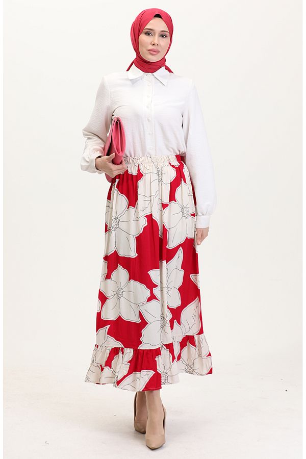 sefamerve-Viscose Fabric Elastic Waist Ruffle Skirt 2012E-02 Fuchsia 1
